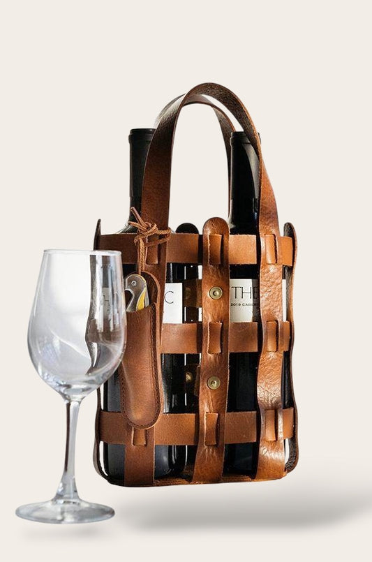 The Heritage Wine Tote — Handcrafted Full-Grain Leather Single Bottle Carrier