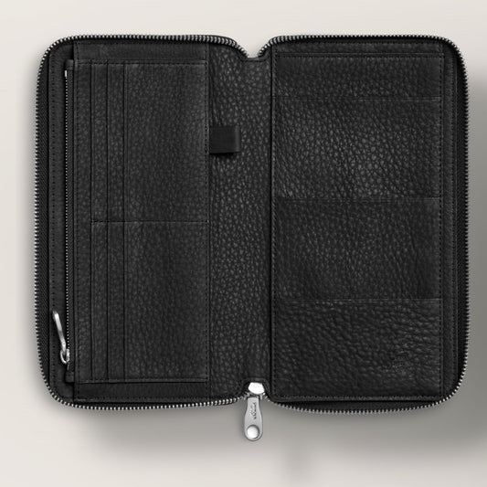The Apex Organizer Wallet in Black — Full-Grain Leather Commuter Zip Portfolio
