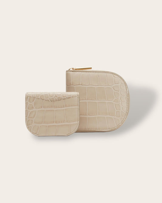 The Duo Small Zip Wallet in Stone Croco — Sculpted Italian Full-Grain Leather Wallet