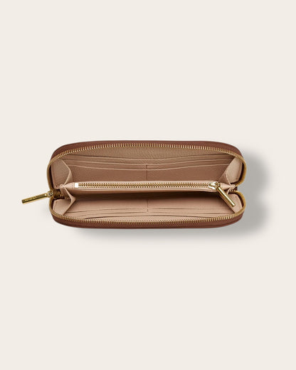 The Curved Zip Wallet in Dark Chestnut — Sculpted Italian Full-Grain Leather Wallet