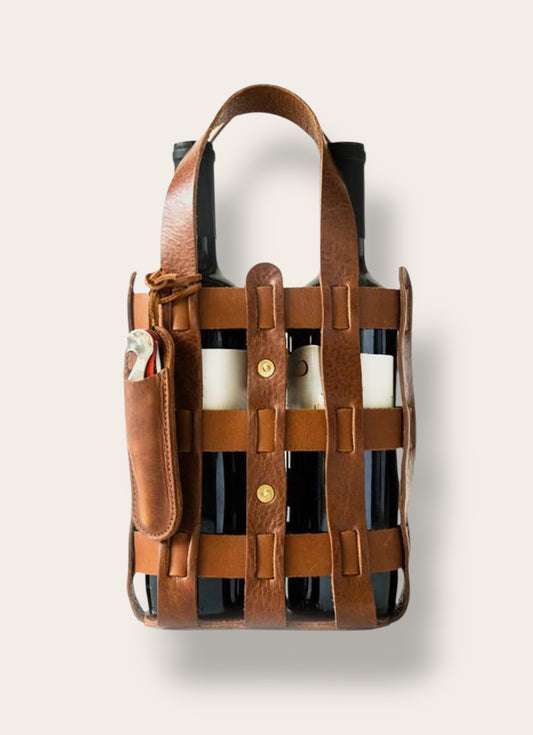 The Heritage Wine Tote — Handcrafted Full-Grain Leather Single Bottle Carrier