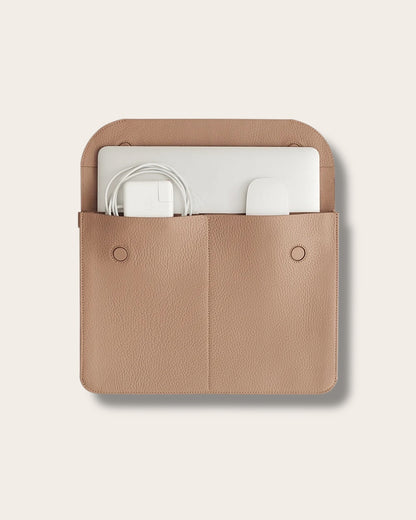 The Tech Carryall (15-16 inch) in Cappuccino — Sculpted Italian Full-Grain Leather Workspace Organizer