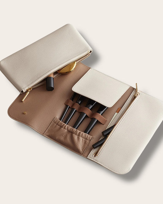 The Travel Beauty Roll in Ecru — Sculpted Italian Full-Grain Leather Cosmetic Case