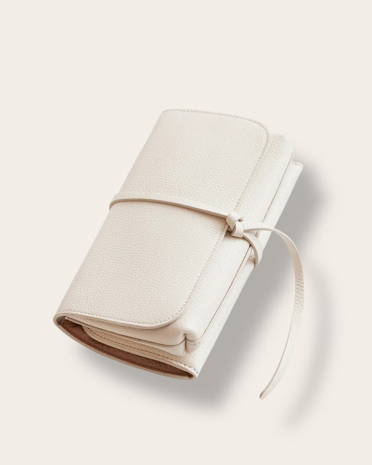 The Travel Beauty Roll in Ecru — Sculpted Italian Full-Grain Leather Cosmetic Case